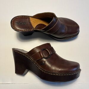 Born Hand Crafted Womens Size 7 Brown Leather Clogs Mules Wedges 3" Heel